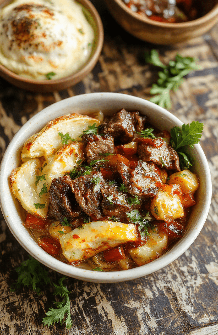 A vibrant steak fajita bowl featuring slices of seasoned grilled steak, colorful sautéed bell peppers and onions, garnished with fresh cilantro and lime wedges, all arranged on a rustic plate with a side of cauliflower rice, emphasizing rich textures and appetizing colors.