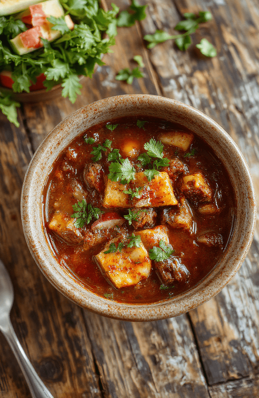 A vibrant bowl of Mexican birria stew filled with tender shredded beef, rich red broth, topped with fresh herbs and chopped onions, served with corn tortillas on a rustic wooden table, emphasizing warm, bold colors and textures.