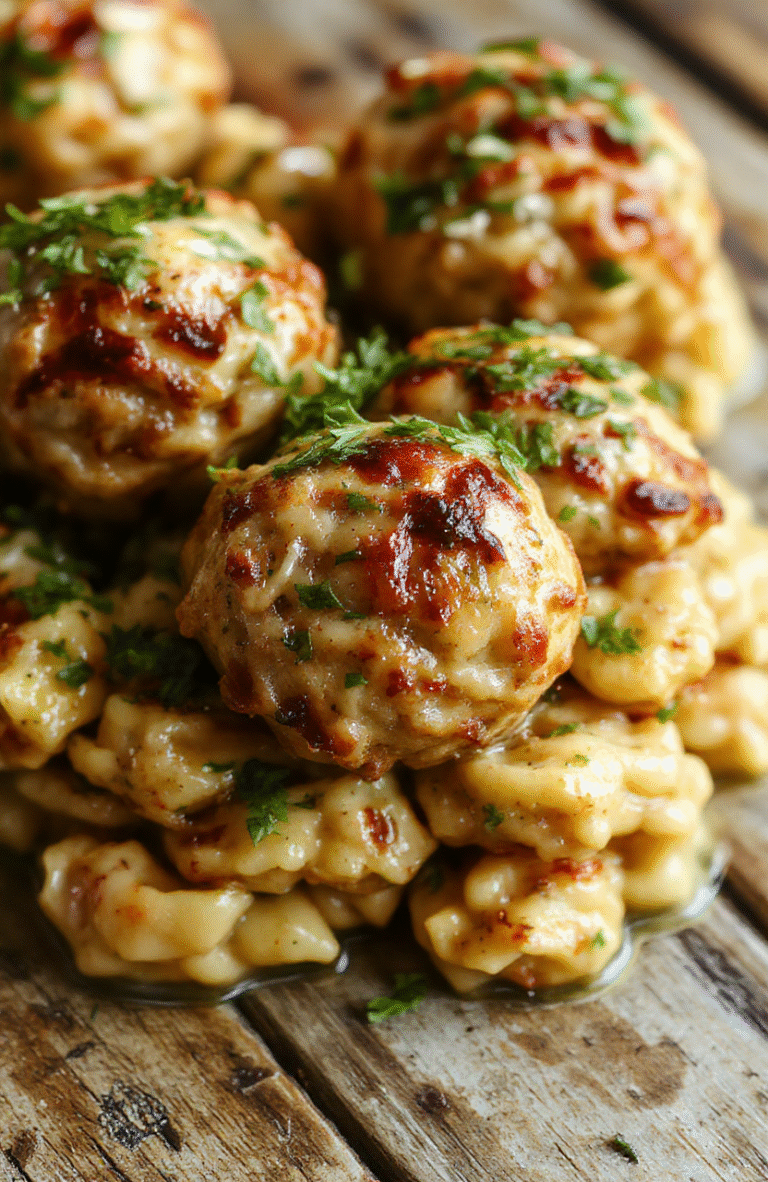 A vibrant plate featuring golden-brown Greek chicken meatballs garnished with fresh herbs, served alongside lemon-infused orzo pasta topped with lemon wedges and parsley, styled on a rustic wooden table with colorful ingredients in the background.