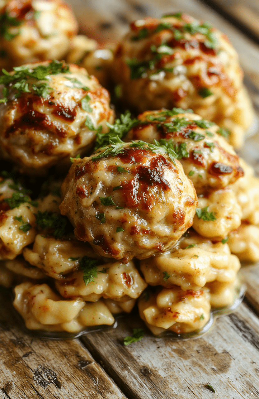 A vibrant plate featuring golden-brown Greek chicken meatballs garnished with fresh herbs, served alongside lemon-infused orzo pasta topped with lemon wedges and parsley, styled on a rustic wooden table with colorful ingredients in the background.