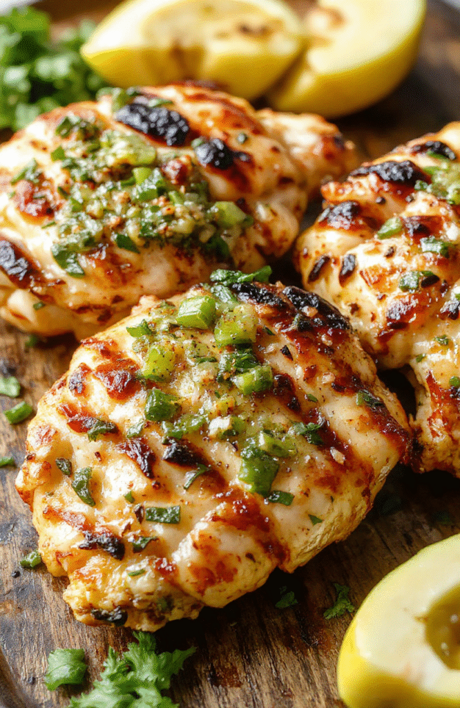 A colorful plate featuring grilled chicken topped with vibrant green salsa verde and melted pepper jack cheese, garnished with fresh herbs, served on a rustic wooden board.