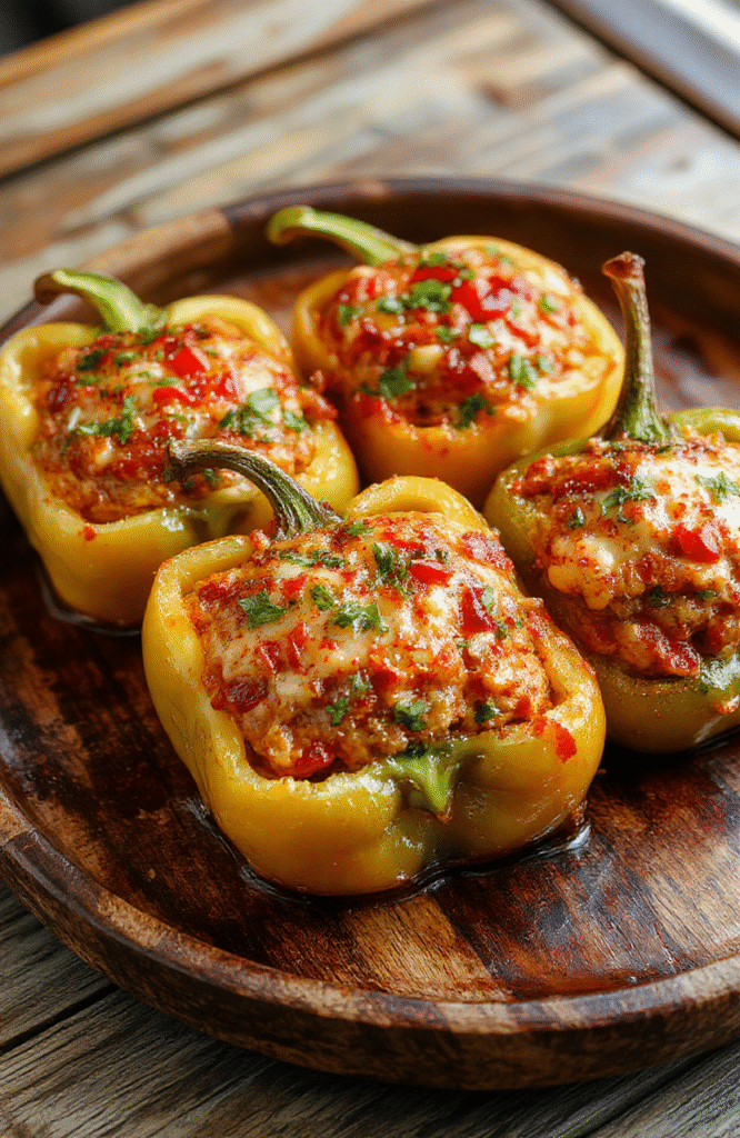 Colorful bell peppers stuffed with ground beef, rice, and melted cheese, arranged on a rustic wooden plate with fresh herbs, vibrant orange, red, and green peppers, crispy edges, and a slightly glossy finish.