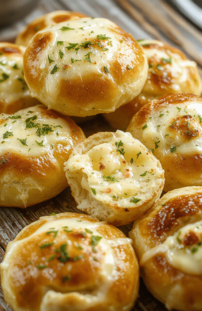 A close-up of golden-brown fluffy garlic butter bread rolls stacked on a rustic wooden table, glazed with melted garlic butter and sprinkled with fresh parsley, showcasing their soft interior and crispy crust, styled simply for an inviting, homemade look.