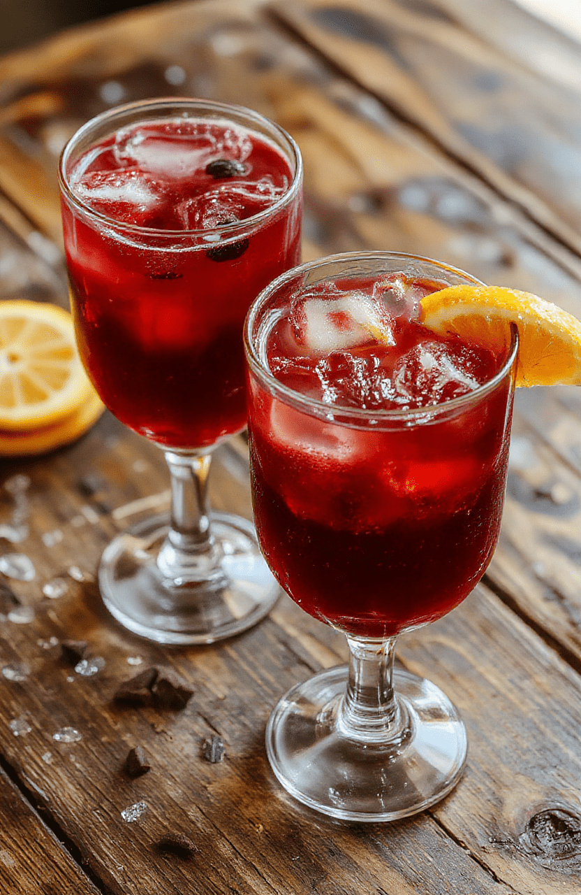 A vibrant, colorful cocktail glass filled with a fruity, bubbly purple beverage, garnished with fresh fruit slices and a whimsical straw, set on a rustic wooden table with a party background.