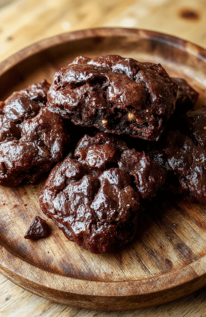 A close-up of sliced brookies showcasing their fudgy, chewy texture with a glossy chocolate top, placed on a rustic wooden plate, styled with a sprinkle of sea salt and a glass of cold milk beside them, natural daylight highlighting the rich layers.