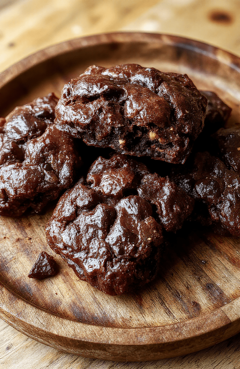A close-up of sliced brookies showcasing their fudgy, chewy texture with a glossy chocolate top, placed on a rustic wooden plate, styled with a sprinkle of sea salt and a glass of cold milk beside them, natural daylight highlighting the rich layers.