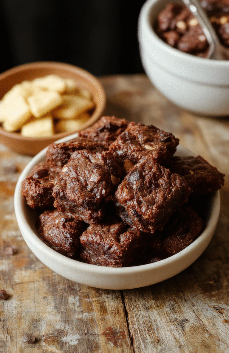 A close-up of rich, fudgy brownies with a glossy top and a cracked surface, placed on a rustic wooden platter, showcasing their dense texture and chocolatey appeal.
