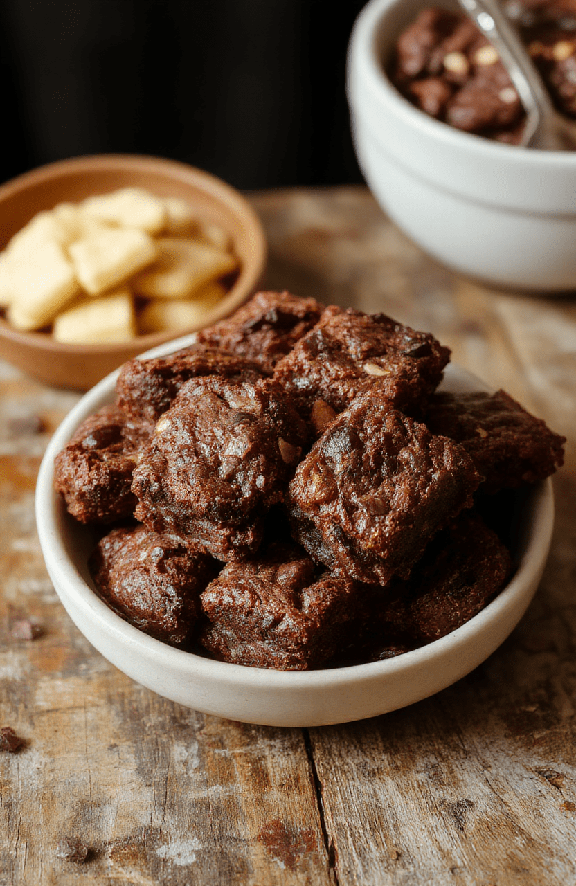 A close-up of rich, fudgy brownies with a glossy top and a cracked surface, placed on a rustic wooden platter, showcasing their dense texture and chocolatey appeal.