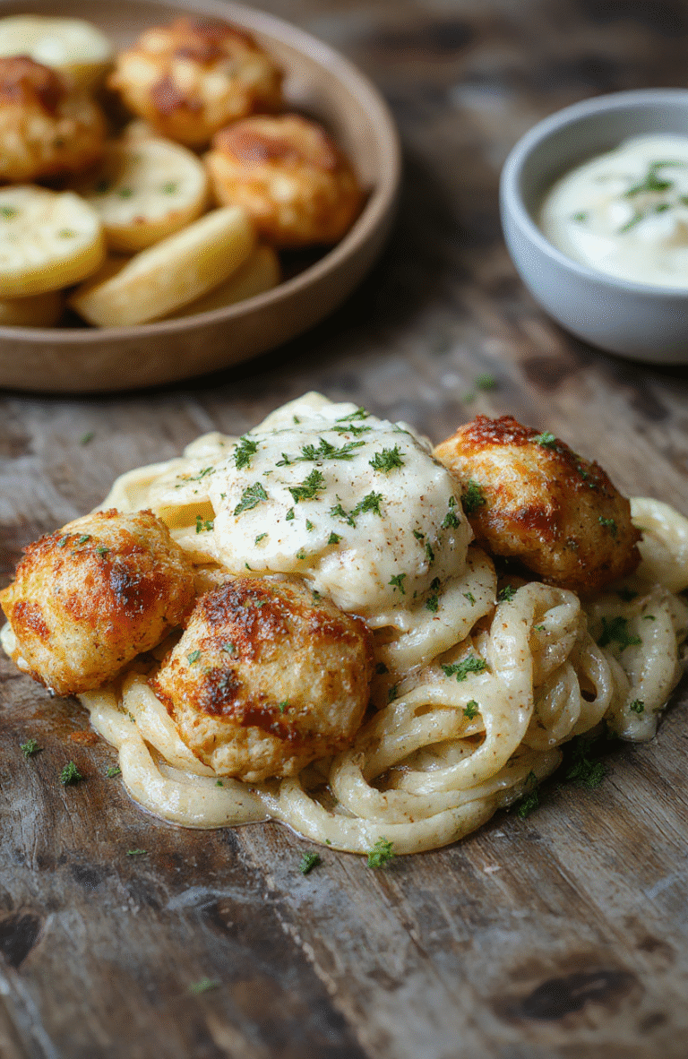 A vibrant plate featuring golden-brown garlic butter chicken bites arranged beside a creamy parmesan pasta with melted cheese and fresh herbs, styled on a rustic wooden table with natural lighting highlighting the textures and colors.