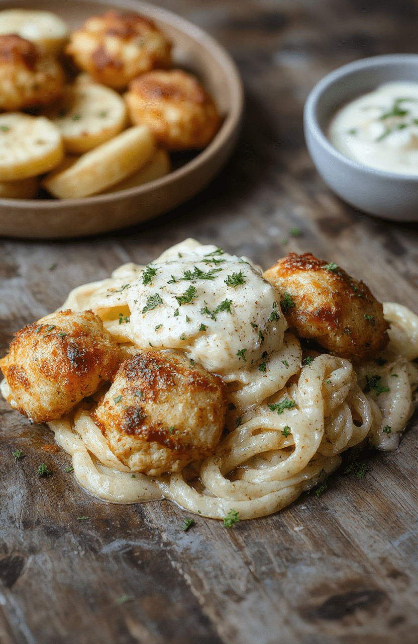 A vibrant plate featuring golden-brown garlic butter chicken bites arranged beside a creamy parmesan pasta with melted cheese and fresh herbs, styled on a rustic wooden table with natural lighting highlighting the textures and colors.
