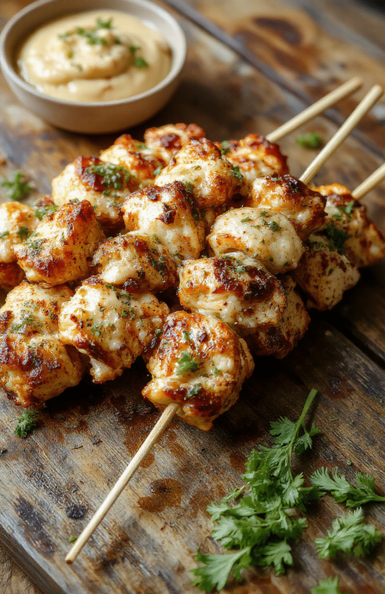 Colorful garlic parmesan chicken skewers arranged neatly on a wooden platter, garnished with fresh herbs and lemon slices, with a crispy exterior and tender interior visible, styled simply with bright natural light emphasizing textures and vibrant colors.