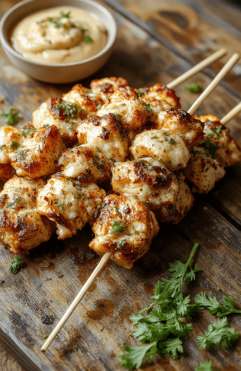 Colorful garlic parmesan chicken skewers arranged neatly on a wooden platter, garnished with fresh herbs and lemon slices, with a crispy exterior and tender interior visible, styled simply with bright natural light emphasizing textures and vibrant colors.