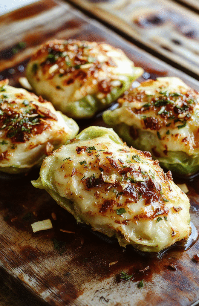 Vivid golden-brown cabbage steaks topped with fresh garlic and herbs, beautifully arranged on a white plate with subtle seasoning sprinkles and a rustic wooden background. Bright natural light highlights the crispy edges and tender interior, creating an inviting and appetizing visual.