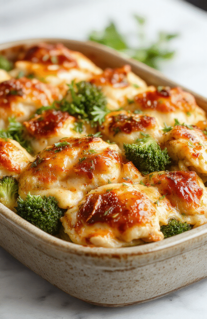 A colorful broccoli chicken casserole in a rustic ceramic dish, topped with melted cheese and fresh herbs, with vibrant green broccoli, golden melted cheese, and tender chicken pieces, styled on a wooden surface with natural light highlighting the textures and colors.