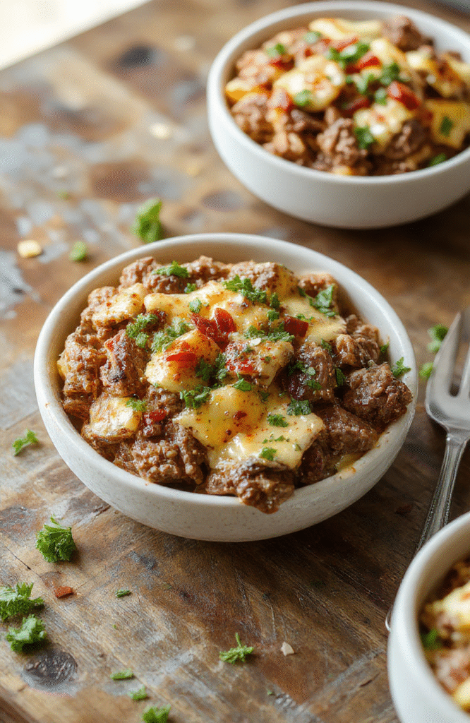 Colorful low-carb Philly cheesesteak bowls presented in a white ceramic bowl with sautéed bell peppers, onions, thinly sliced steak, melted cheese drizzle, vibrant red and green peppers, fresh herbs garnish, textures of tender meat and crisp vegetables, styled with a rustic wooden surface.