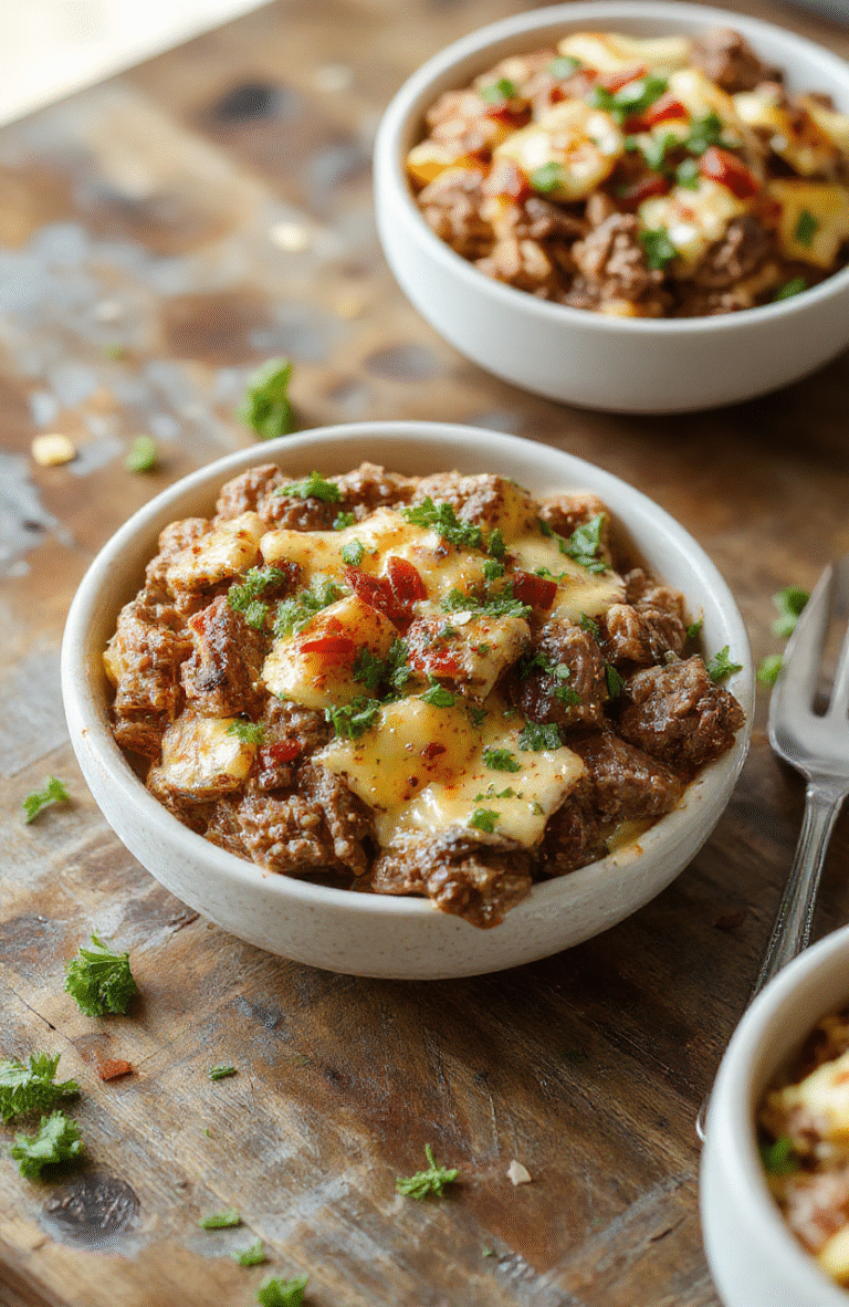 Colorful low-carb Philly cheesesteak bowls presented in a white ceramic bowl with sautéed bell peppers, onions, thinly sliced steak, melted cheese drizzle, vibrant red and green peppers, fresh herbs garnish, textures of tender meat and crisp vegetables, styled with a rustic wooden surface.
