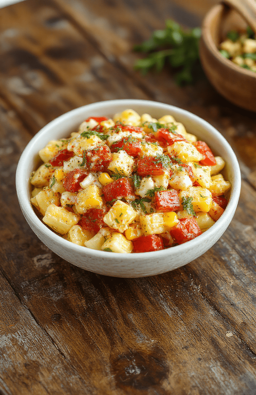 Colorful bowl of street corn pasta salad featuring vibrant yellow corn kernels, cherry tomatoes, cilantro, and creamy dressing, beautifully plated with fresh herbs garnishing, vibrant background, emphasizing fresh ingredients and summery appeal.