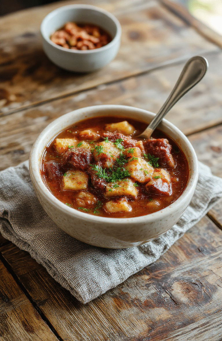 A colorful hearty cowboy stew served in a rustic bowl, featuring chunks of beef, beans, corn, and vibrant vegetables, topped with fresh herbs, on a cozy wooden table styled for a homestyle meal