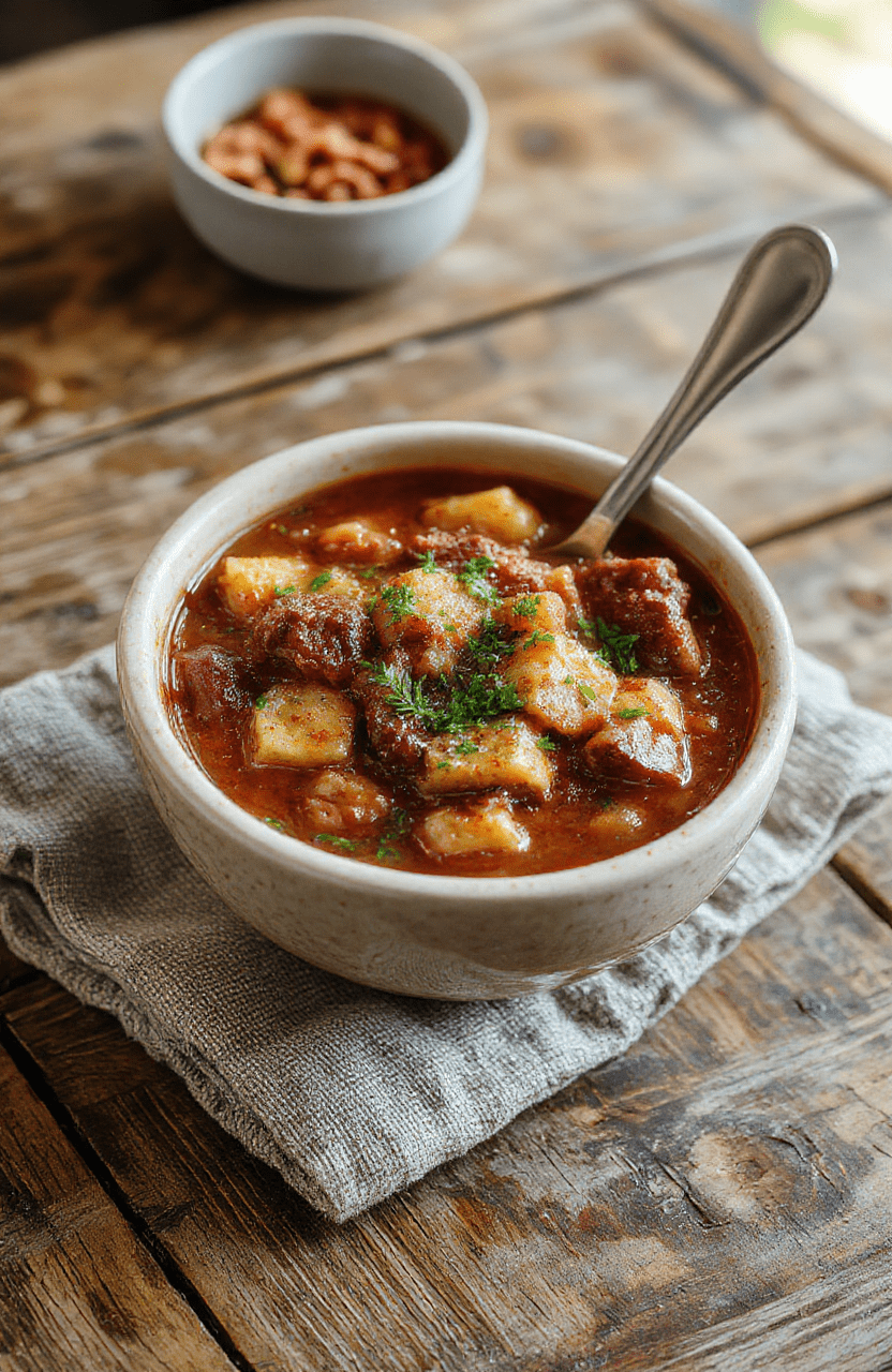 A colorful hearty cowboy stew served in a rustic bowl, featuring chunks of beef, beans, corn, and vibrant vegetables, topped with fresh herbs, on a cozy wooden table styled for a homestyle meal