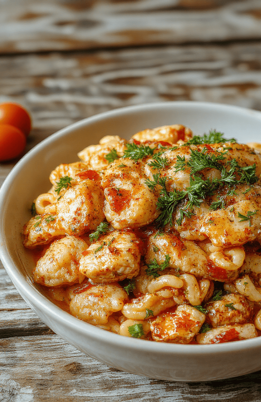 A vibrant bowl of chicken orzo featuring tender grilled chicken slices, al dente orzo pasta, fresh spinach, cherry tomatoes, and a sprinkle of herbs, styled on a rustic wooden table with natural lighting, showcasing a colorful and appetizing presentation.