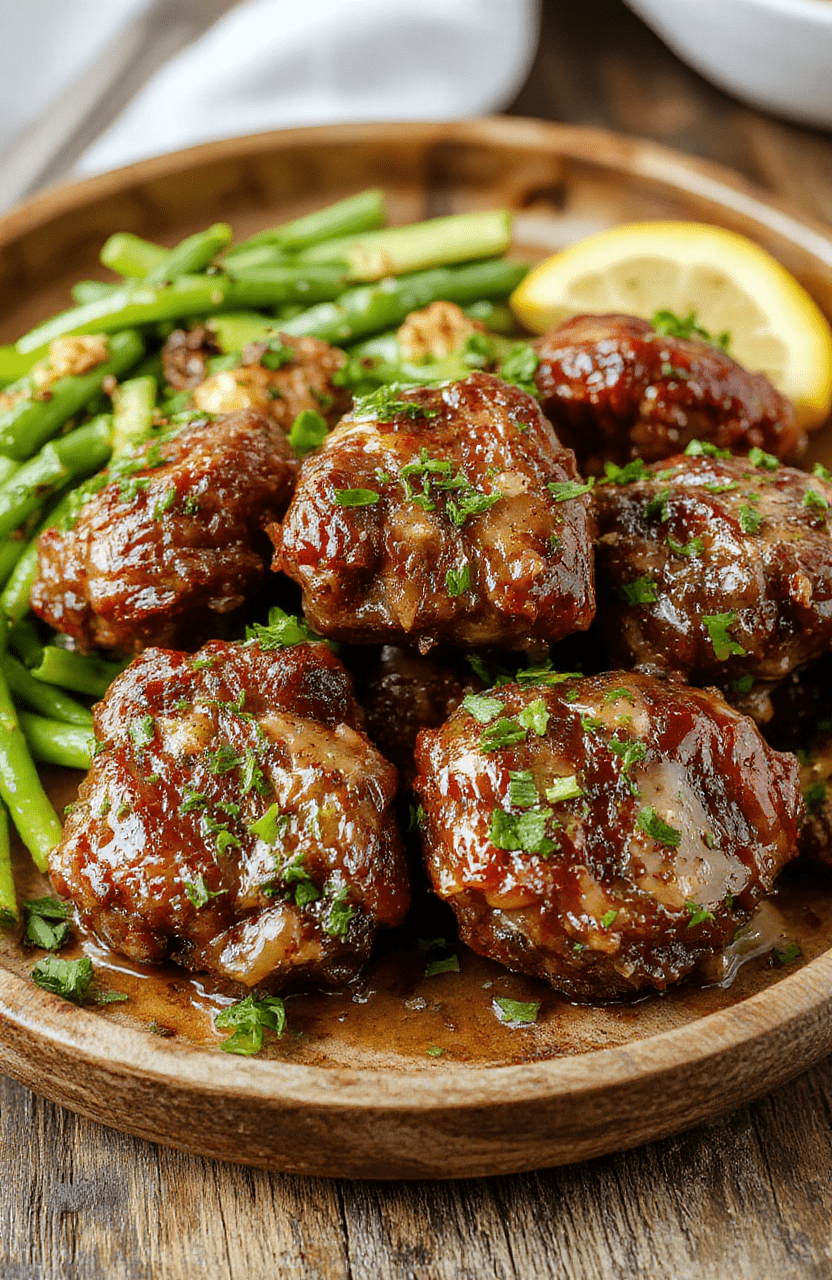 A close-up of tender beef bites coated in glossy garlic butter sauce, plated elegantly on a rustic wooden board with fresh herbs and garlic slices, vibrant colors, crispy edges, and a hint of steam, styled casually.