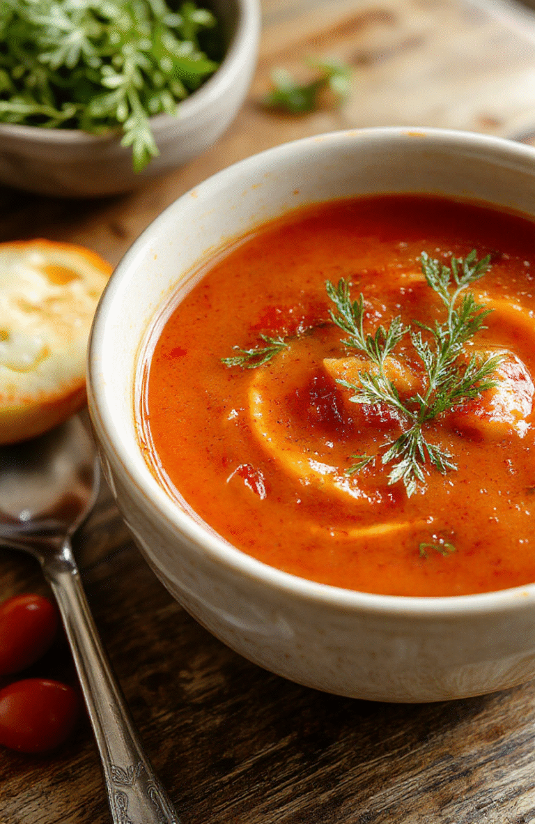 A vibrant bowl of homemade tomato soup with a smooth texture, garnished with fresh basil leaves, served on a rustic wooden table with a warm background, highlighting the rich red color and creamy consistency.