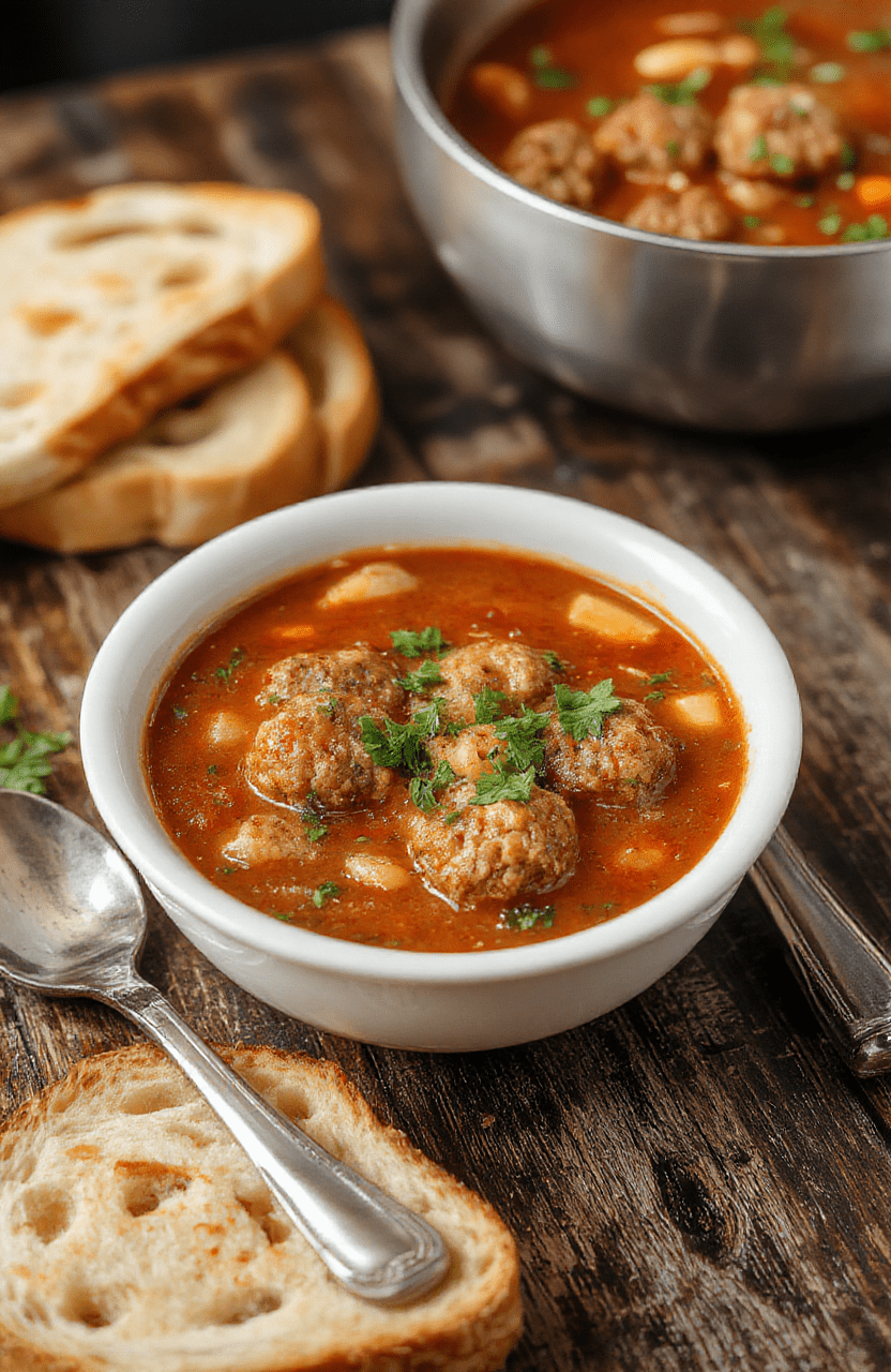A vibrant bowl of Italian meatball soup with tender meatballs, diced tomatoes, fresh herbs, and melted cheese on top, surrounded by rustic bread slices, captured in natural daylight with colorful ingredients and a cozy presentation.