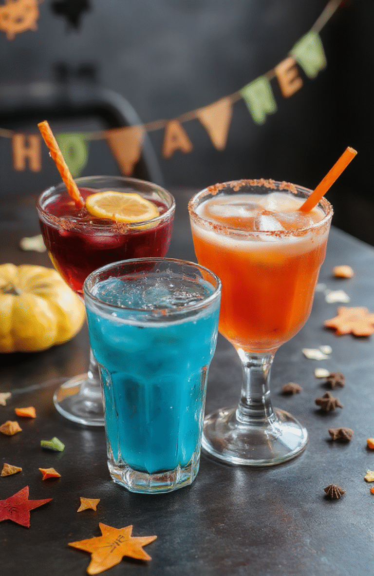 A vibrant Halloween-themed platter featuring six colorful and spooky drink glasses with bubbling, layered liquids, Halloween garnishes like gummy worms and eyeball candies, set on a dark table with glow-in-the-dark decorations, playful and inviting for kids.