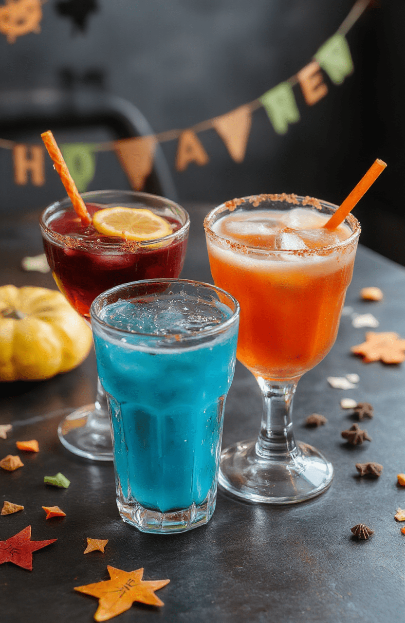 A vibrant Halloween-themed platter featuring six colorful and spooky drink glasses with bubbling, layered liquids, Halloween garnishes like gummy worms and eyeball candies, set on a dark table with glow-in-the-dark decorations, playful and inviting for kids.
