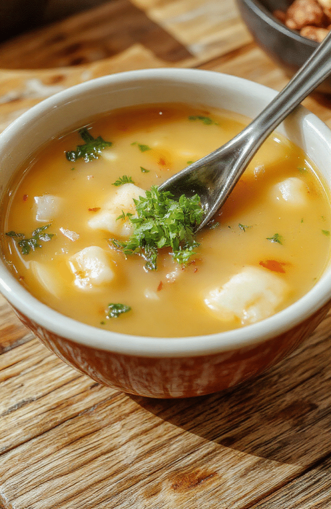 A clear Japanese soup in a simple white bowl, garnished with green onions, thin slices of mushroom, and delicate tofu cubes, set on a wooden surface with a soft-focus background highlighting the soup's transparent, light broth, fresh ingredients, and minimalist presentation.