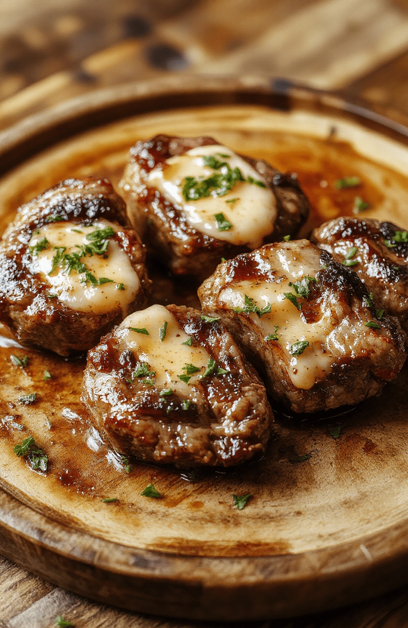 A close-up of juicy garlic butter steak bites arranged on a rustic wooden plate, garnished with fresh parsley, with a creamy sauce drizzle, highlighting their tender texture and golden-brown seared edges, styled simply for a cozy dinner setting.
