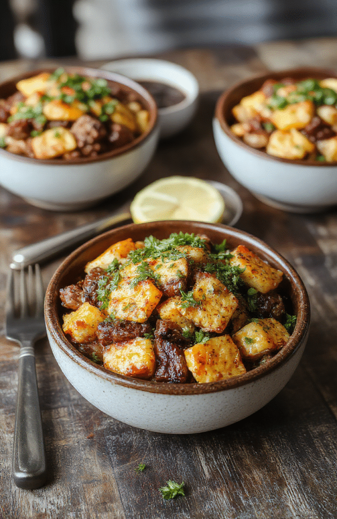 Colorful Mediterranean steak bowls featuring sliced grilled steak, vibrant cherry tomatoes, cucumber slices, Kalamata olives, crumbled feta cheese, and fresh herbs on a rustic wooden table, with a drizzle of olive oil and lemon wedges, styled for a fresh, inviting presentation.