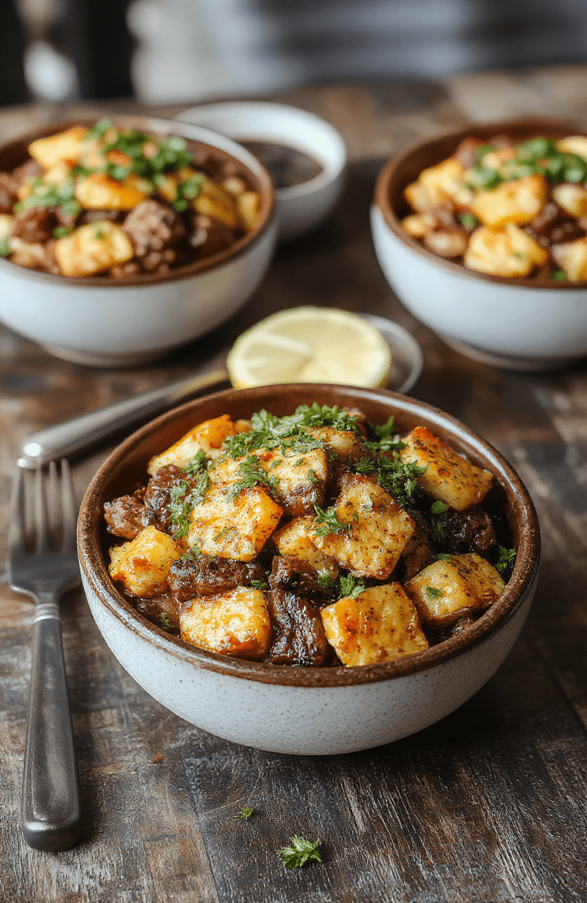 Colorful Mediterranean steak bowls featuring sliced grilled steak, vibrant cherry tomatoes, cucumber slices, Kalamata olives, crumbled feta cheese, and fresh herbs on a rustic wooden table, with a drizzle of olive oil and lemon wedges, styled for a fresh, inviting presentation.