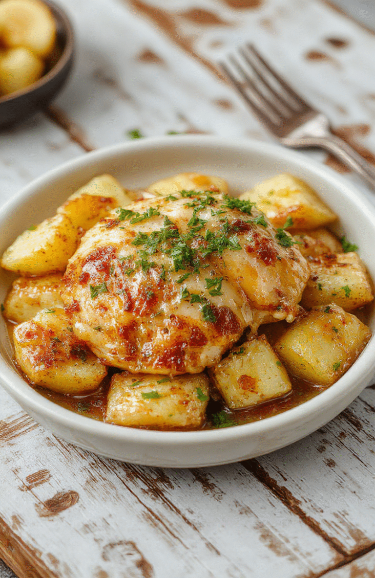 A hearty serving of tender garlic parmesan chicken and golden potatoes arranged beautifully on a rustic wooden plate, garnished with fresh herbs, with a creamy sauce drizzled over the dish, captured with natural daylight showing rich textures and warm colors, styled simply to highlight the dish's mouthwatering appeal.