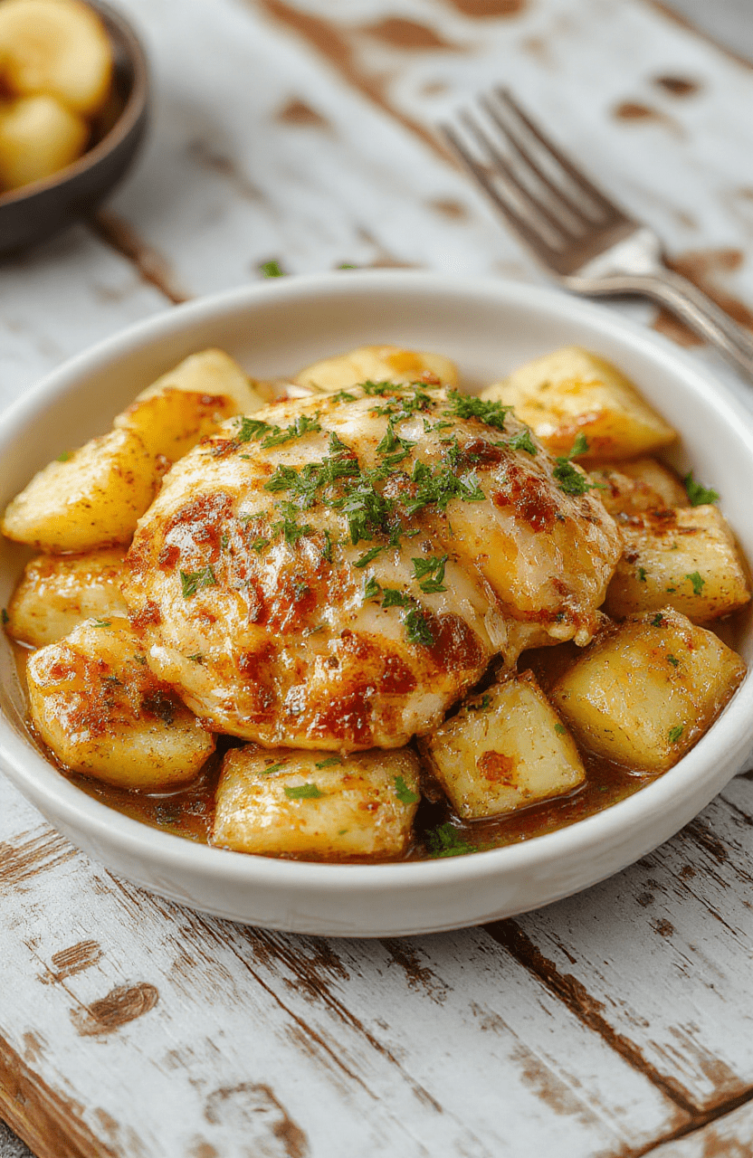 A hearty serving of tender garlic parmesan chicken and golden potatoes arranged beautifully on a rustic wooden plate, garnished with fresh herbs, with a creamy sauce drizzled over the dish, captured with natural daylight showing rich textures and warm colors, styled simply to highlight the dish's mouthwatering appeal.