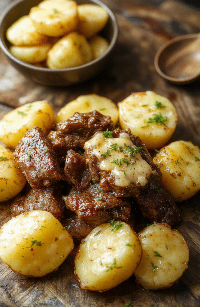 A tempting plate of melt-in-your-mouth garlic butter beef bites nestled alongside golden crispy potatoes. The dish is beautifully plated on a rustic wooden surface, garnished with fresh herbs, showcasing tender beef chunks drizzled with rich garlic butter and crispy roasted potatoes with a fluffy texture under natural daylight, highlighting the warm tones and inviting presentation.