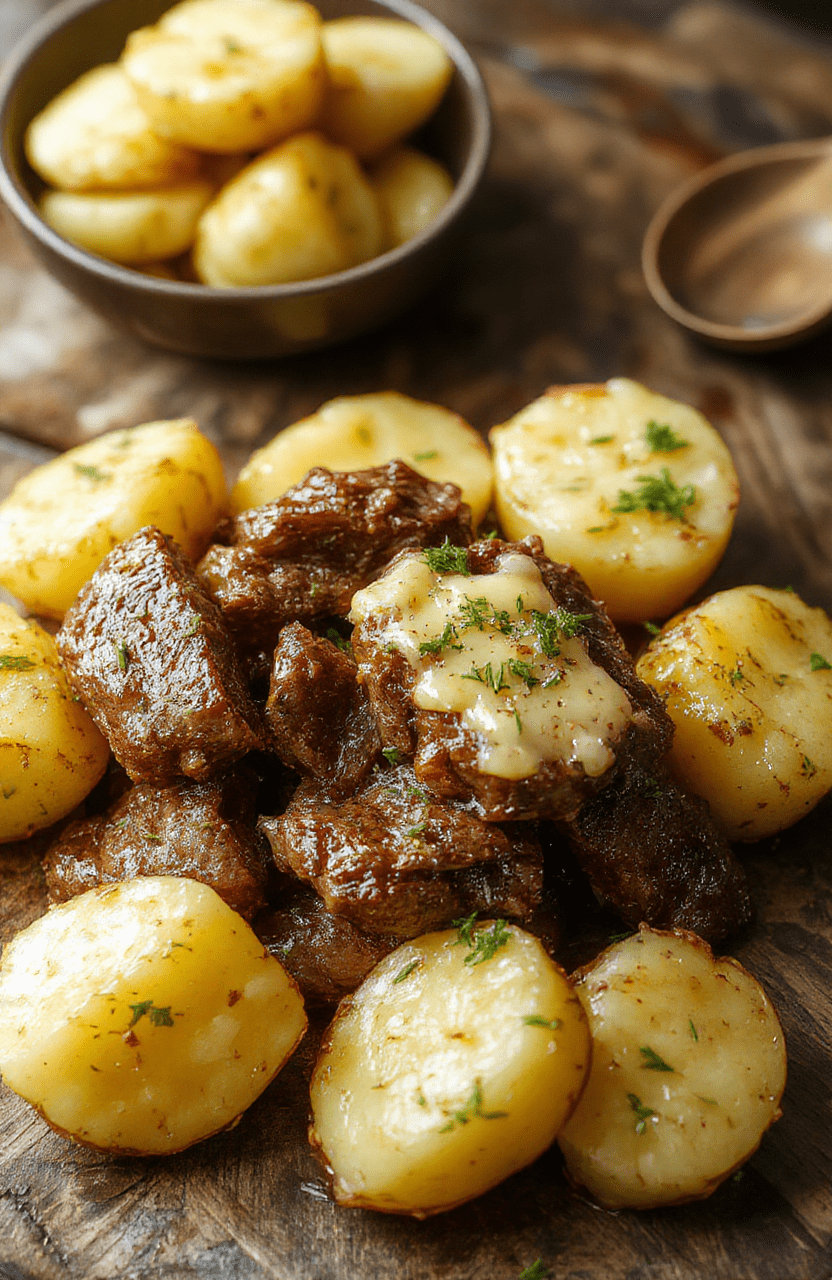 A tempting plate of melt-in-your-mouth garlic butter beef bites nestled alongside golden crispy potatoes. The dish is beautifully plated on a rustic wooden surface, garnished with fresh herbs, showcasing tender beef chunks drizzled with rich garlic butter and crispy roasted potatoes with a fluffy texture under natural daylight, highlighting the warm tones and inviting presentation.