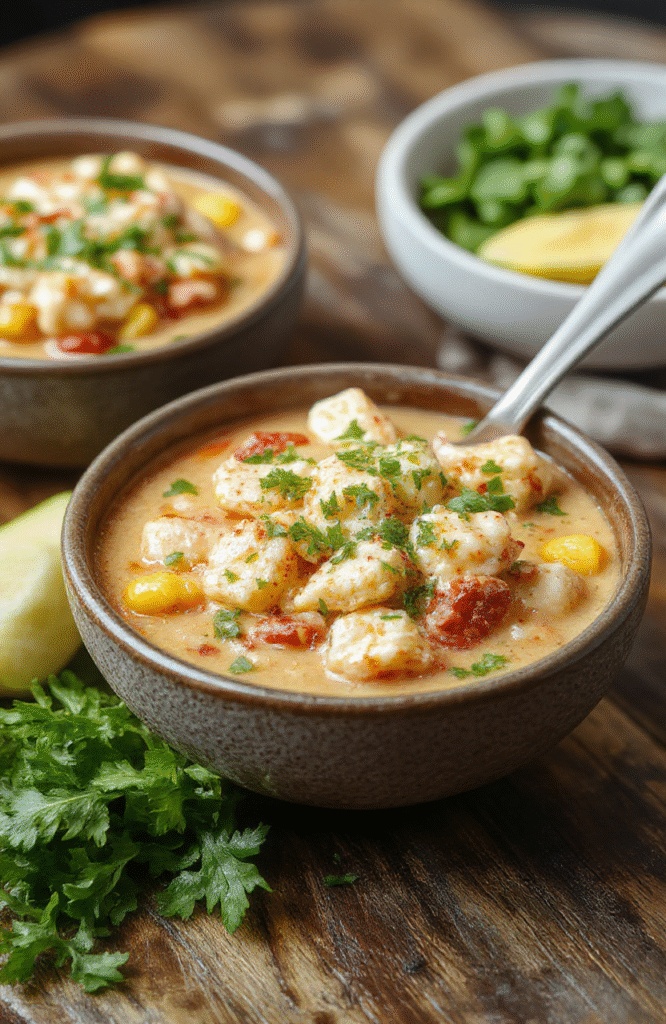 Colorful bowl of white chicken chili topped with golden grilled corn, chopped cilantro, and a drizzle of lime, served on a rustic wooden table with a cozy, inviting atmosphere.