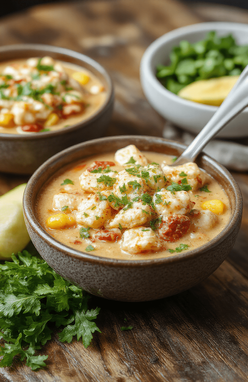 Colorful bowl of white chicken chili topped with golden grilled corn, chopped cilantro, and a drizzle of lime, served on a rustic wooden table with a cozy, inviting atmosphere.