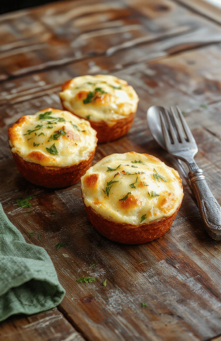 A close-up of golden mini chicken pot pies served on a rustic wooden plate, filled with creamy chicken and vegetable filling, topped with flaky crust, garnished with fresh herbs, styled simply for a cozy, inviting look.