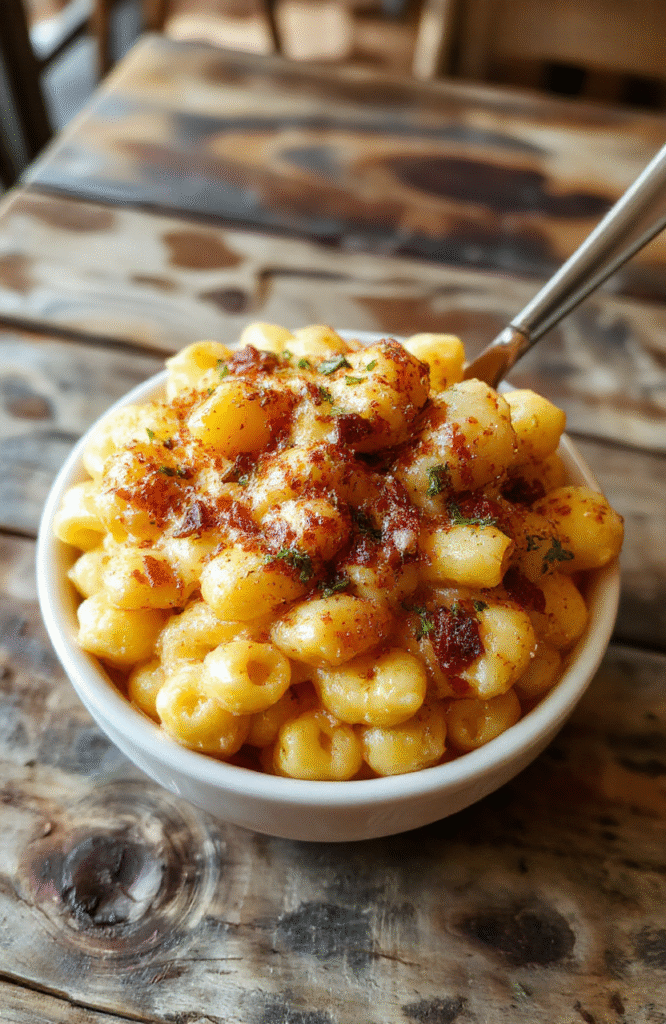 A vibrant plate of spooky monster mac and cheese with bright orange and green cheese sauces, topped with crunchy breadcrumb eyes, served on a rustic wooden table with Halloween-themed decorations in the background.
