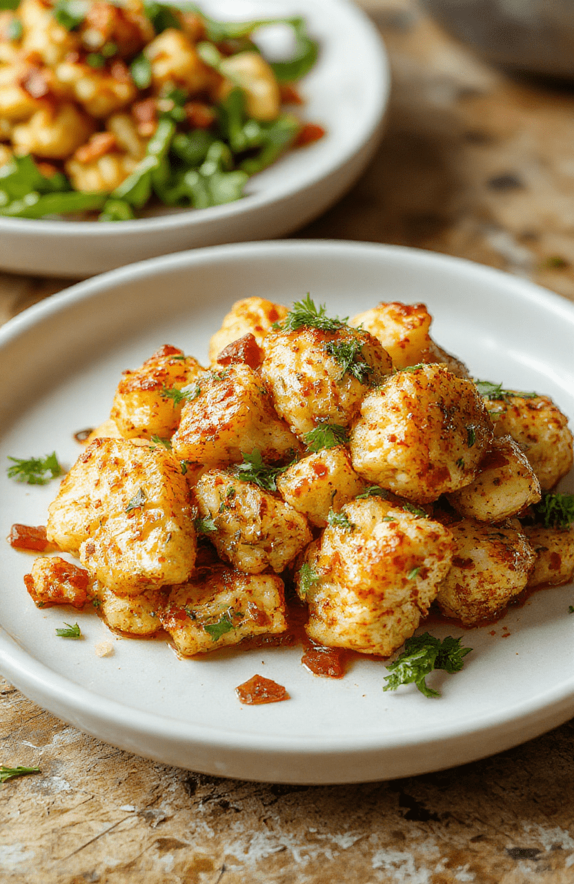 Colorful Moroccan cauliflower plated with a glossy tahini-honey drizzle on top, garnished with fresh herbs, vibrant spices surrounding the cauliflower, styled on a rustic white plate with a textured background, capturing textures and rich colors.