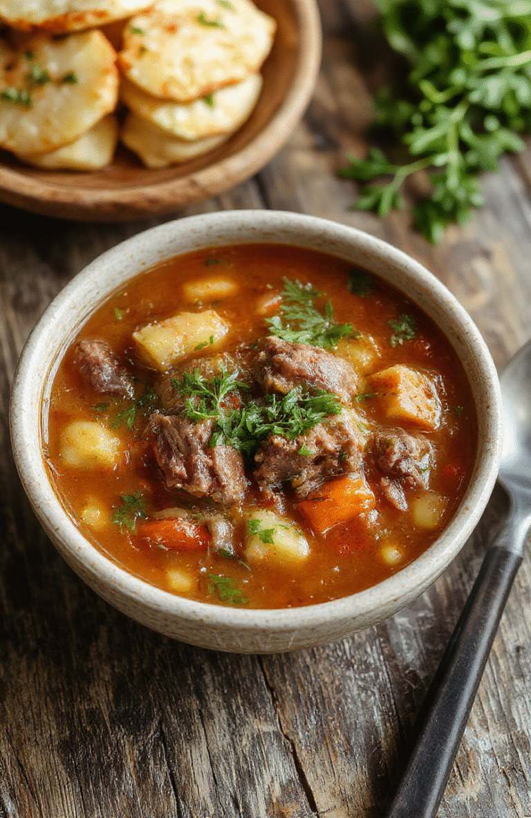 A vibrant bowl of homemade vegetable beef soup featuring tender beef chunks, colorful vegetables like carrots, celery, and potatoes, garnished with fresh herbs, served in a rustic bowl on a wooden table.