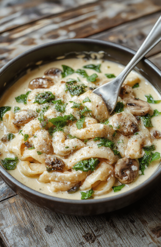 A vibrant plate of creamy parmesan spinach mushroom pasta garnished with fresh basil on a rustic wooden table, showcasing tender mushrooms, wilted spinach, and al dente pasta coated in a rich, cheesy sauce, styled with a sprig of basil, with natural light highlighting the textures and colors.