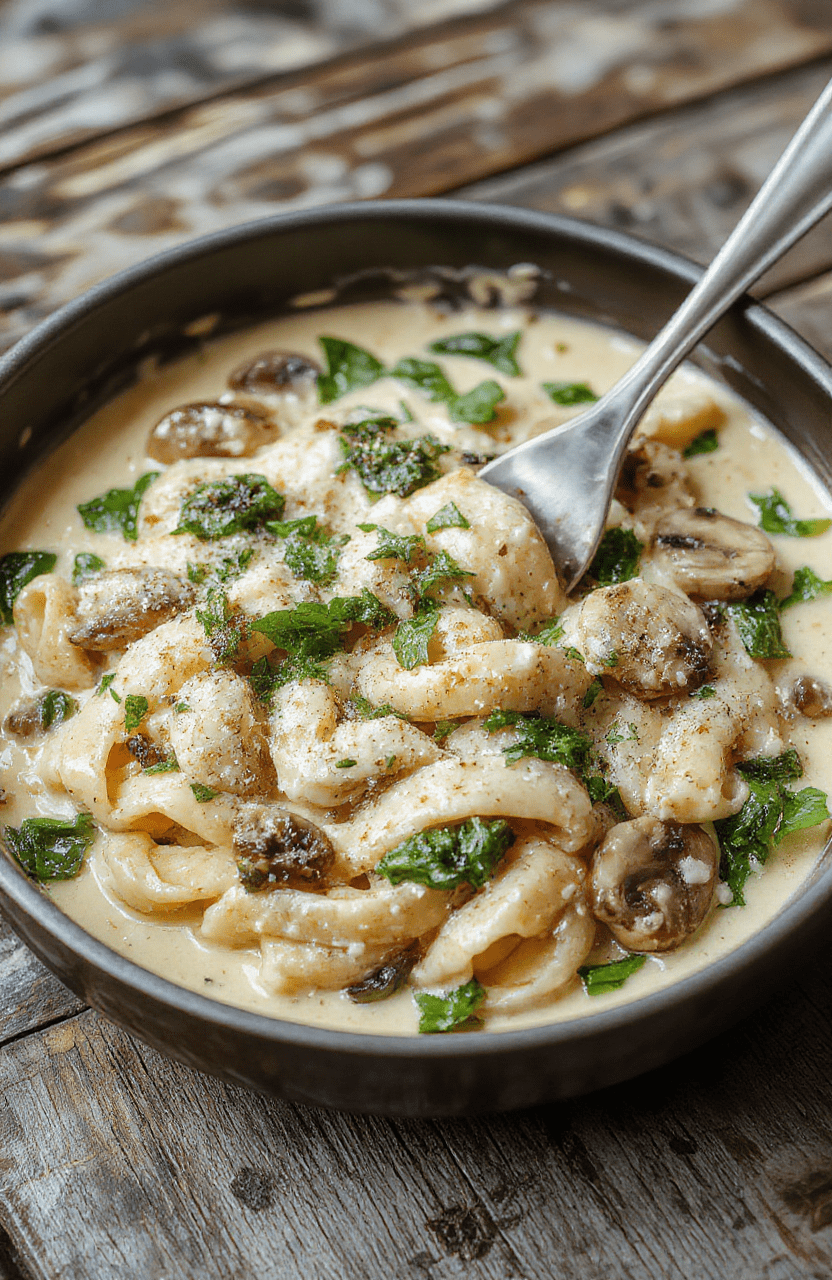 A vibrant plate of creamy parmesan spinach mushroom pasta garnished with fresh basil on a rustic wooden table, showcasing tender mushrooms, wilted spinach, and al dente pasta coated in a rich, cheesy sauce, styled with a sprig of basil, with natural light highlighting the textures and colors.