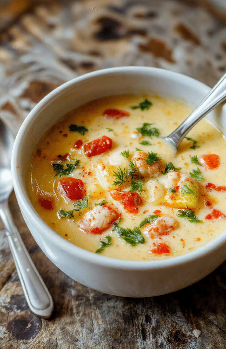 A vibrant creamy vegetable soup in a rustic white bowl, topped with fresh herbs and a drizzle of cream. The soup has a rich, smooth texture with visible chunks of carrots, celery, and spinach, arranged on a wooden table with soft natural lighting highlighting its warm colors and inviting presentation.