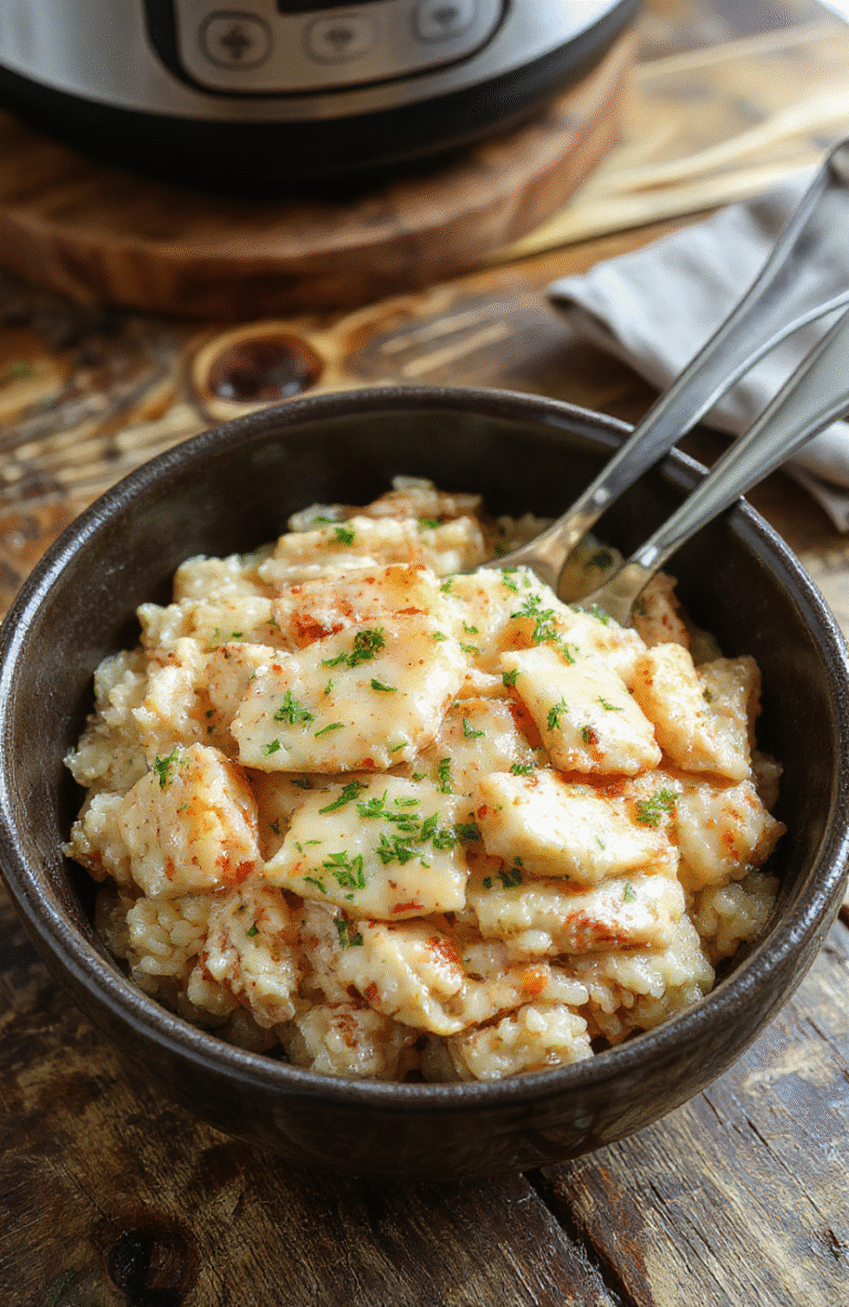 A bowl of creamy chicken and rice topped with fresh herbs, served on a rustic wooden table with a side of vegetables, vibrant colors, and a comforting presentation.