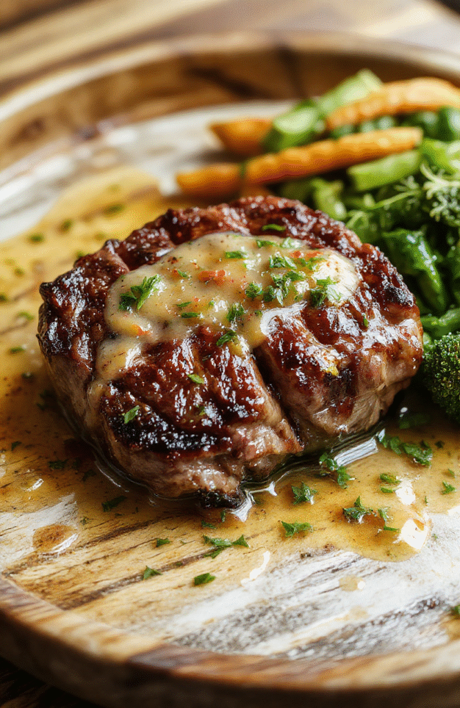 A close-up of a perfectly cooked seared steak with a golden crust, topped with a glossy butter sauce and garnished with fresh herbs, on a rustic wooden plate with a side of sautéed vegetables, captured in warm natural light highlighting the textures and rich colors.