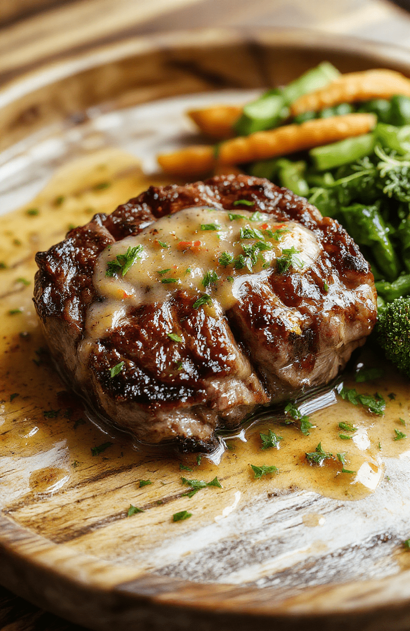 A close-up of a perfectly cooked seared steak with a golden crust, topped with a glossy butter sauce and garnished with fresh herbs, on a rustic wooden plate with a side of sautéed vegetables, captured in warm natural light highlighting the textures and rich colors.