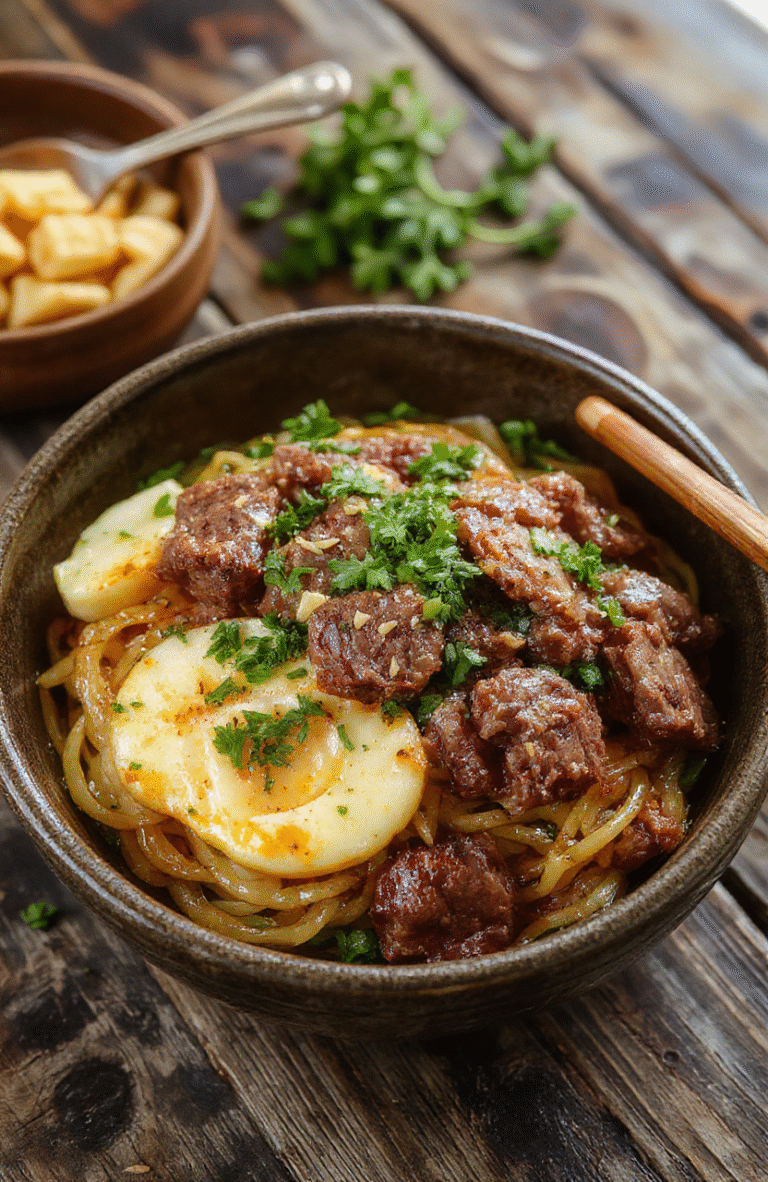 A vibrant plate of Mongolian ground beef noodles featuring juicy ground beef coating tender stir-fried noodles topped with chopped green onions and sesame seeds, served on a white ceramic plate with a colorful background and natural lighting highlighting the glossy sauce and fresh ingredients.